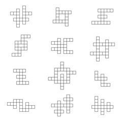 Crossword set. Collection of small word games. Line vector illustrations isolated on white background