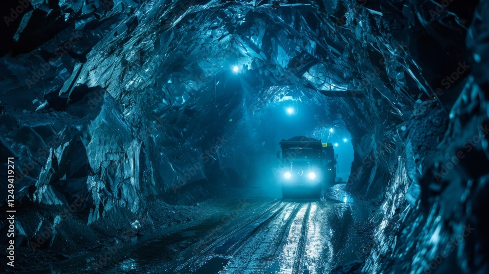 Poster heavy machinery moves through a vast underground mine illuminated by bright lights, revealing intric
