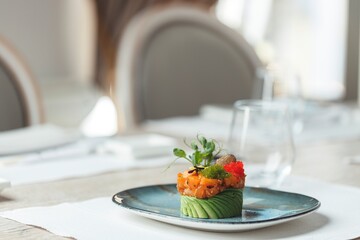 Delight in a beautifully crafted sushi dish featuring fresh fish and vibrant garnishes, perfect for...