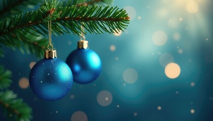 Obraz premium Twinkling blue Christmas ornaments suspended from a fragrant evergreen pine branch, pine, festive