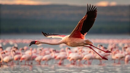 A breathtaking 16K resolution photograph of a Lesser Flamingo in mid-flight, its vivid pink wings AI Generative