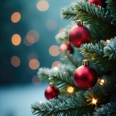 Twinkling lights dance among frosty glass ornaments on a slender green spruce, sparkling, twinkle, twinkling lights