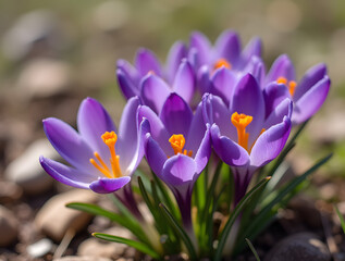 Vibrant Purple Crocus Flowers Unfolding in the Warm Embrace of Spring Sunshine, Bringing Joy and Color to the Landscape