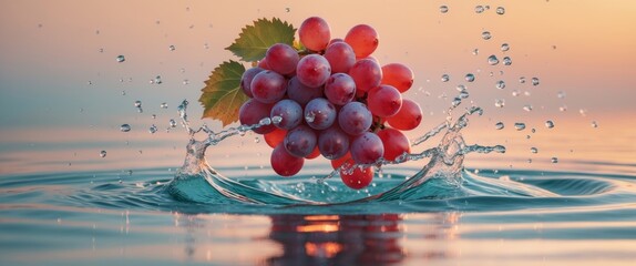 Fototapeta premium Red Grapes Splashing into Water at Sunset.