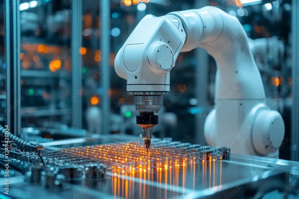 Poster an advanced robotic arm assembles components on a factory production line. generative ai