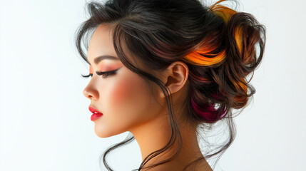 Fototapeta premium Woman with colorful highlights in elegant updo hairstyle.