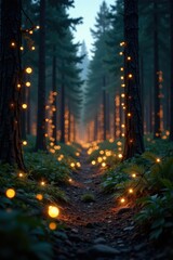 Obraz premium Twinkling lights woven through a dense forest, evergreen trees, nature, christmas lights
