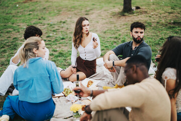 A group of multiracial friends enjoying a relaxed picnic on a cloudy day set in nature. They are sharing food, drinks, and laughter while seated on a blanket.