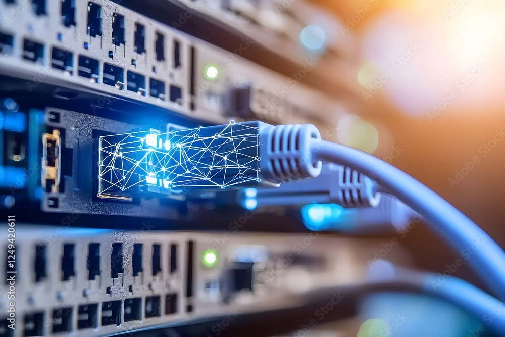 Poster network connectivity: a close-up image of a network cable plugged into a server, with a blue glow em