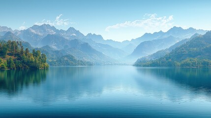 Fototapeta premium Serene mountain lake landscape, tranquil reflection, misty peaks