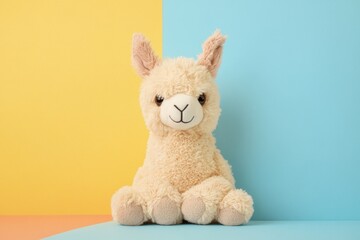 Obraz premium A cute llama toy sits against a yellow and blue backdrop, inviting smiles. Generative AI