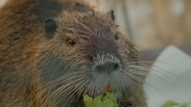 A nutria enjoys a meal, munching on pieces of cabbage. This vegetarian rodent displays its sharp teeth as it relishes the food in a farm setting.