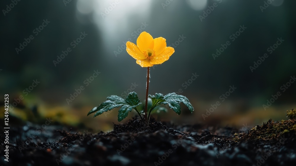 Poster this striking image features a vibrant yellow flower emerging from dark soil, with mist and soft lig