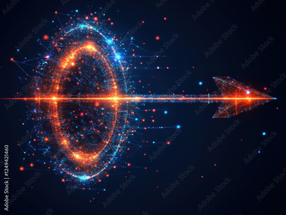 Poster abstract digital illustration of an arrow passing through a circular data vortex.