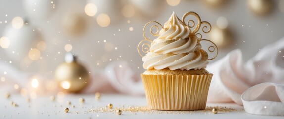 Elegant Gold Cupcake Decoration for Holidays with Copy Space for Text and Festive Background