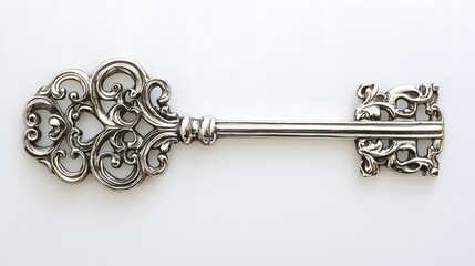 A shiny silver key placed on a clean white background, transparent isolate