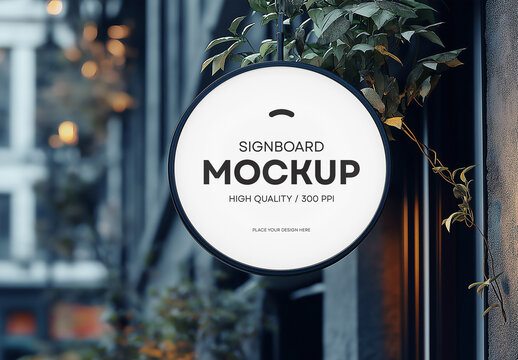 Realistic Outdoor Signboard Mockup &ndash; Wall Mounted Commercial Advertising Display with Evening Lighting for Branding and Business Promotion