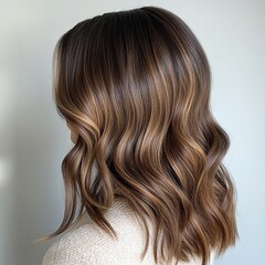 Naklejka premium Stunning Brunette Balayage Hair: Medium Length Wavy Style with Subtle Highlights