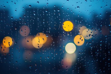 Fototapeta premium Raindrops on Window with Blurred City Lights Background