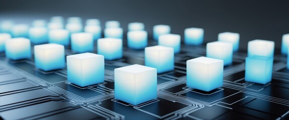 Fototapeta premium Glowing Cubes Arranged On A Futuristic Circuit Board.