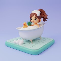 Naklejka premium Girl washing herself in a bath with foam. Female character taking a bath with a washcloth in her hand and a duck. 3D rendering on a purple background.