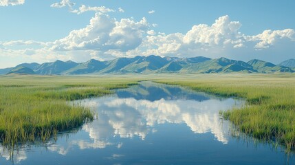 Fototapeta premium Serene Mountain Meadow Reflection