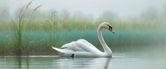 Swan Gracefully Swimming in a Tranquil Waterway Among Scenic Marsh Grasses
