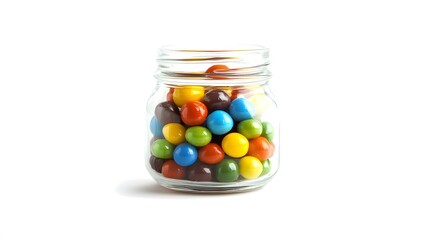 A small glass jar filled with colorful marbles, on a clean white background, transparent isolate