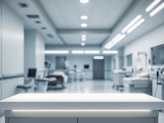 Empty blank white table top counter with blurred hospital clinic medical interior background for product display mockup.