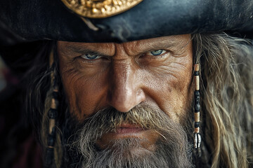 Close-up of the old man pirate captain face ai generative
