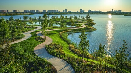 Serene waterfront park with winding paths and city skyline in the background