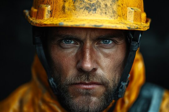 A worker in a hard hat and protective clothing looks determined and focused. Generative AI