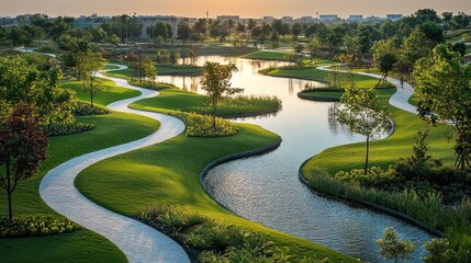 Serene landscape with winding pathways and reflective water at sunset