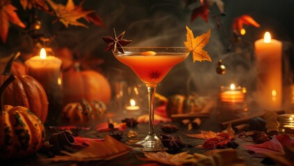 Halloween orange cocktails with tequila, vodka, gin, whiskey in party night bar