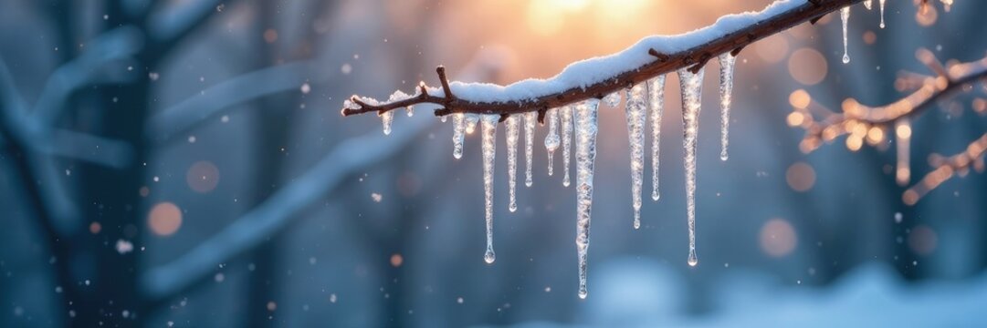 Glittering icicles hanging from tree branches, winter, frosty, droplets