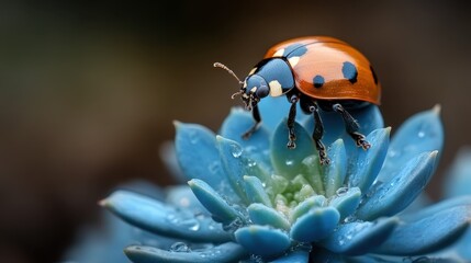 Fototapeta premium A vibrant ladybug perches atop a succulent plant, adorned with glistening raindrops which enhance its striking colors, set against a beautifully blurred background.