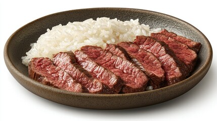 Sliced beef steak with rice on dark plate