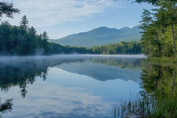 Fototapeta premium Serene Lake Reflecting Mountains in Early Morning Mist