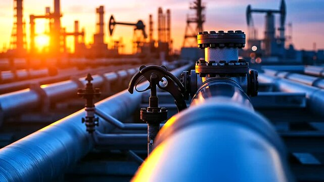 Vast network of pressurized pipes running along elevated racks in a petroleum refinery, with complex valves and gauges visible against an industrial skyline.
