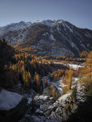 Fototapeta premium Snow dusted peaks of the italian alps rising above a vibrant larch forest in the aosta valley during autumn's transition to winter Cascate di Lillaz
