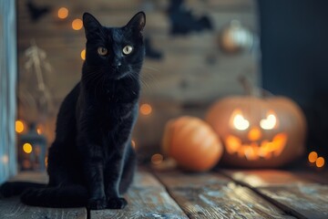 Black cat, a sign of Halloween.Black cat, orange pumpkins, scary spider.Backgrounds for cards, notebook covers, screensavers on the phone