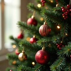 Ornate Christmas tree branch with sparkling garlands and berries, mistletoe, ornaments, christmas trees