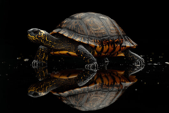Turtle with patterned shell reflecting on black surface.