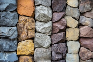 Colorful stone wall displays rough textures and varying shades