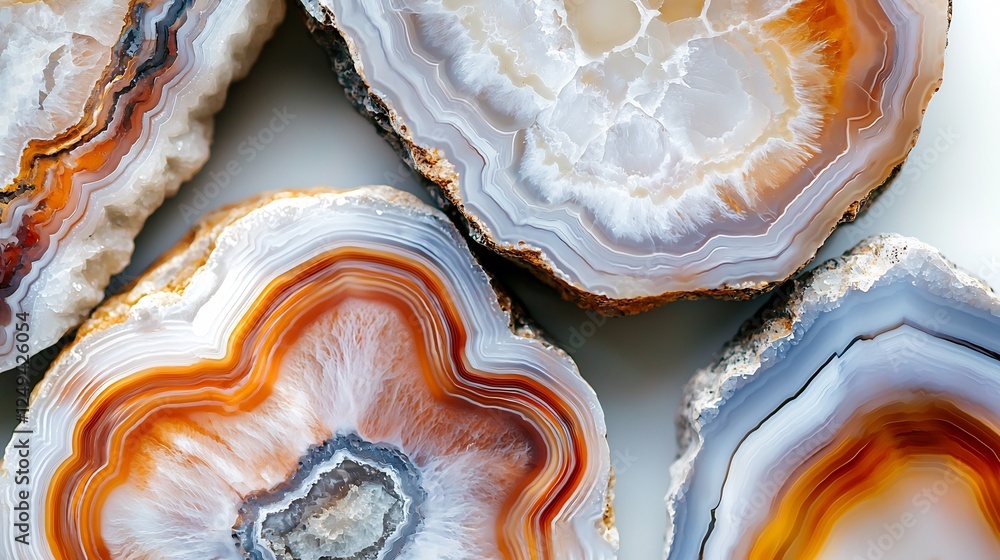 Poster close-up view of colorful agate stone slices with unique patterns and textures