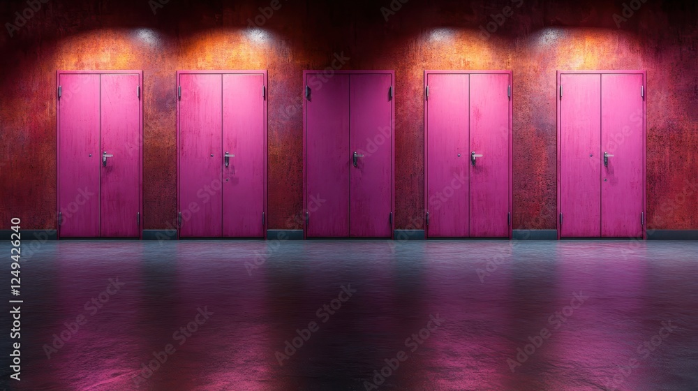 Aufkleber an intriguing composition of five pink doors set against a textured dark red wall, creating a surrea