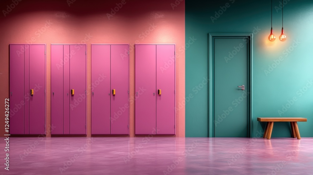 Poster a visually appealing image featuring colorful pink lockers alongside a contrasting green door and at
