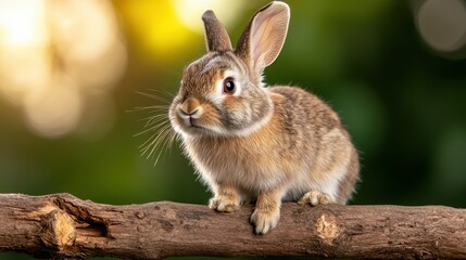 An endearing rabbit perched on a rustic tree log, against a softly lit background filled with lush greenery, embodying playfulness and the joy of nature's wonders.