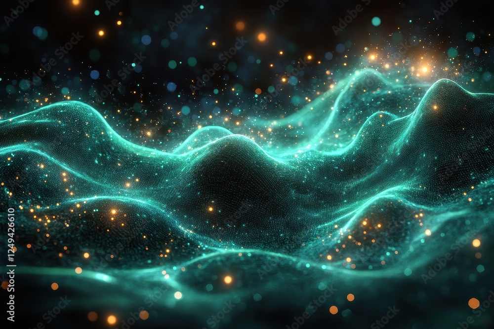 Poster abstract digital landscape with glowing waves and particles.