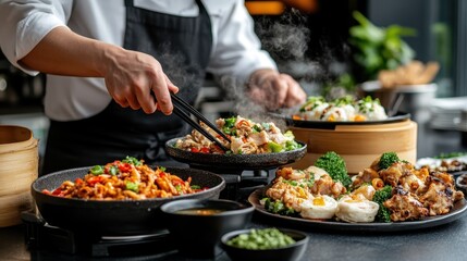 An exquisite display of Asian cuisine featuring a variety of vibrant dishes, highlighting stir-fried noodles, vegetables, and expertly presented garnishes, enticing your palate.